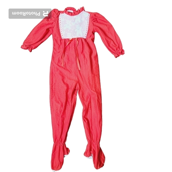 Vintage 80s 90s Red White Lace Teddy Bear Ruffled Footed Pajamas Girls 3T - Picture 1 of 9